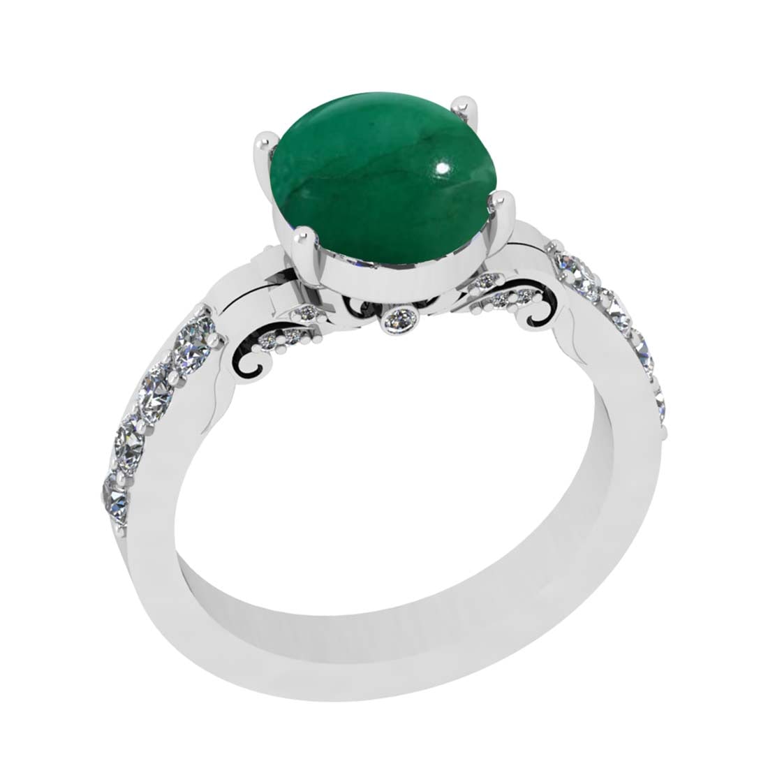 3.15 Ctw VS/SI1 Emerald and Diamond Prong Set 14k White Gold Engagement Rin: Center Stone Weight :-2.62 Ctw ( Oval Cab ) Center Stone Color :-Emerald Center Stone Setting : Prong Side Diamond Weight Of Ctw :- 0.53 Ctw Color : J-K Clarity : VS/SI1 Daimond Setting : Prong Metal