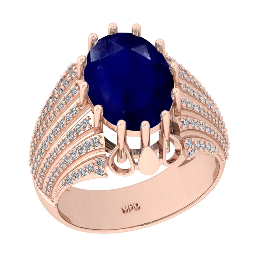 5.06 Ctw VS/SI1 Blue Sapphire And Diamond 14K Rose Gold Engagement Ring: Center Stone Weight : 4.50 Ctw ( Oval Cut ) Center Stone Color : Blue Sapphire Stone Setting : Prong Side Diamond Weight Of Ctw0.56 Ctw Side Stone Color : G-H Stone Clarity : VS/SI1 Stone Setting : Pr