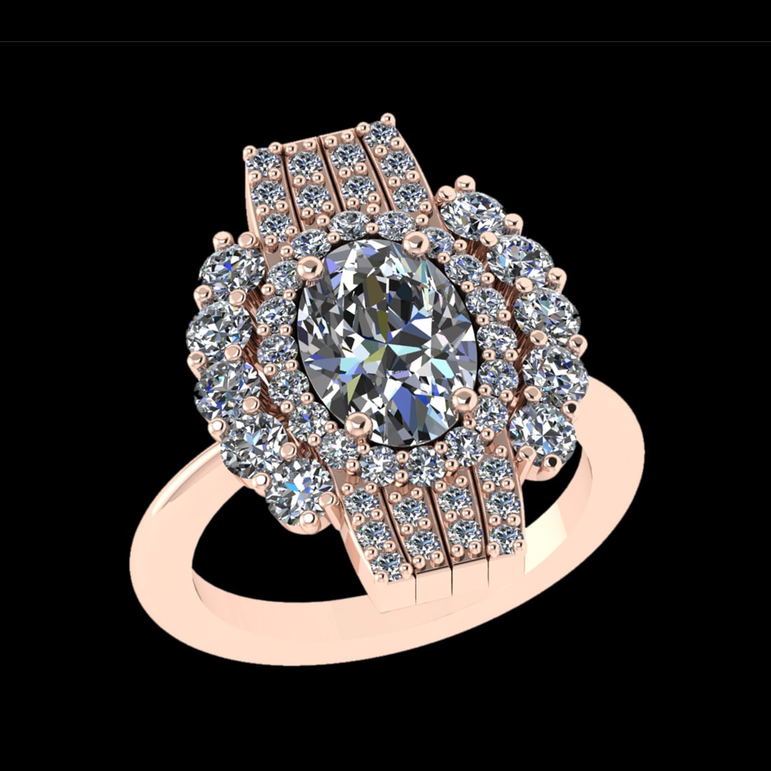 3.83 Ctw VS/SI1 Diamond Prong Set 18k Rose Gold Engagement Ring (ALL DIAMON: Center Daimond Weight :-2.50 Ctw ( Oval Cut ) Color : G-H Clarity : VS/SI1 Side Diamond Weight Of Ctw 1.33 Ctw Color : G-H Clarity : VS/SI1 Daimond Setting : Prong Metal Weight : Approx 8.21 gram 18k