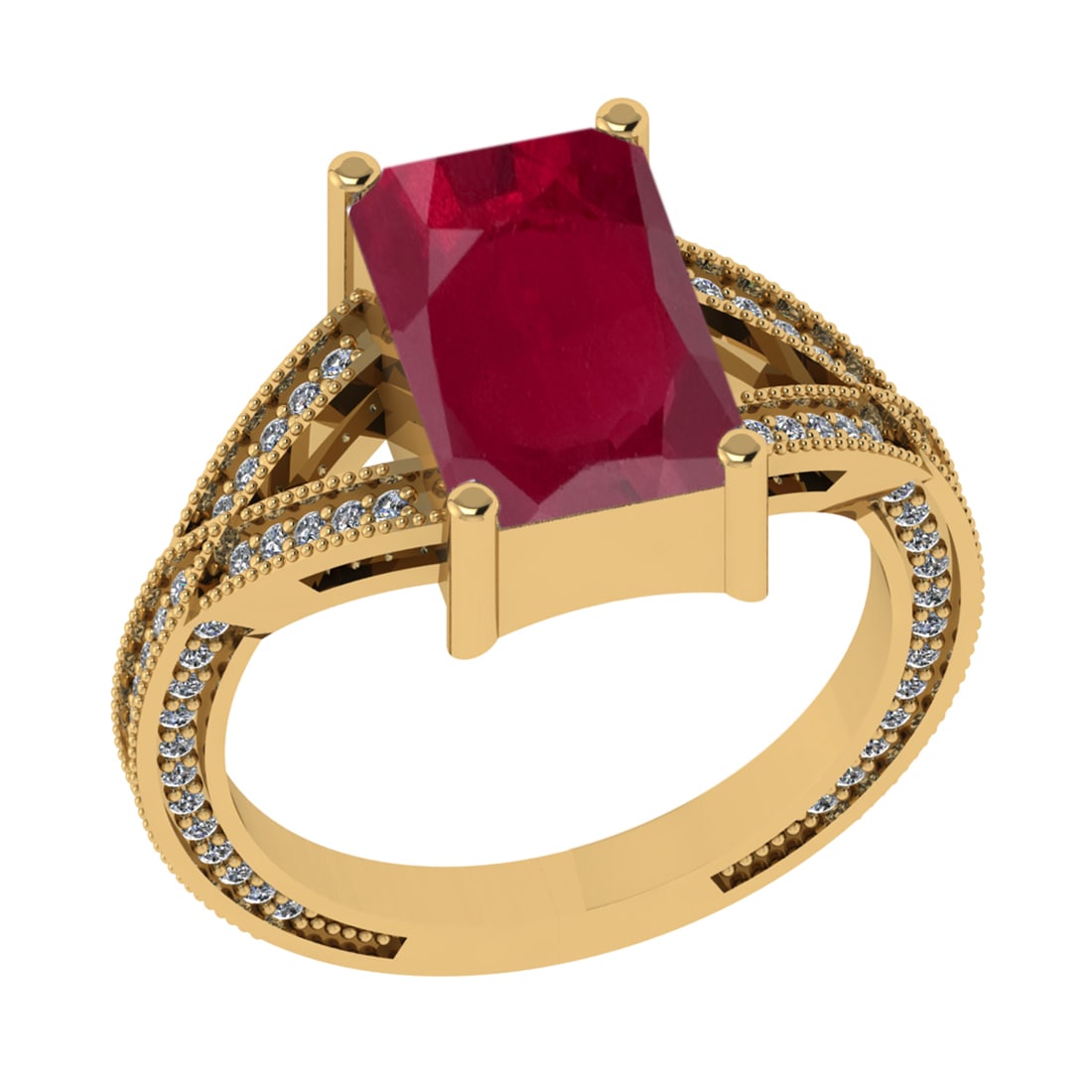 2.95 Ctw VS/SI1 Ruby and Diamond 14k Yellow Gold Engagement Ring (LAB GROWN: Center Stone Weight :- 2.50 Ctw ( Emerald Cut) Color :- Ruby Center Stone Setting : Prong Side Diamond Weight Of Ctw 0.45 Ctw Color : G-H Clarity : VS/SI1 Stone Setting : Prong Metal Weight : Approx 5