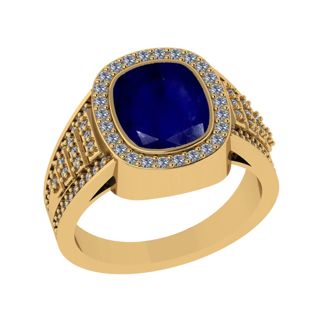 3.28 Ctw VS/SI1 Blue Sapphire and Diamond 14k Yellow Gold Engagement Ring (: Center Stone Weight :-2.70 Ctw ( Cushion Cut) Center Stone Color :-Blue Sapphire Center Stone Setting : Prong Side Diamond Weight Of Ctw 0.58 Ctw Color : G-H Clarity : VS/SI1 Daimond Setting : Prong M