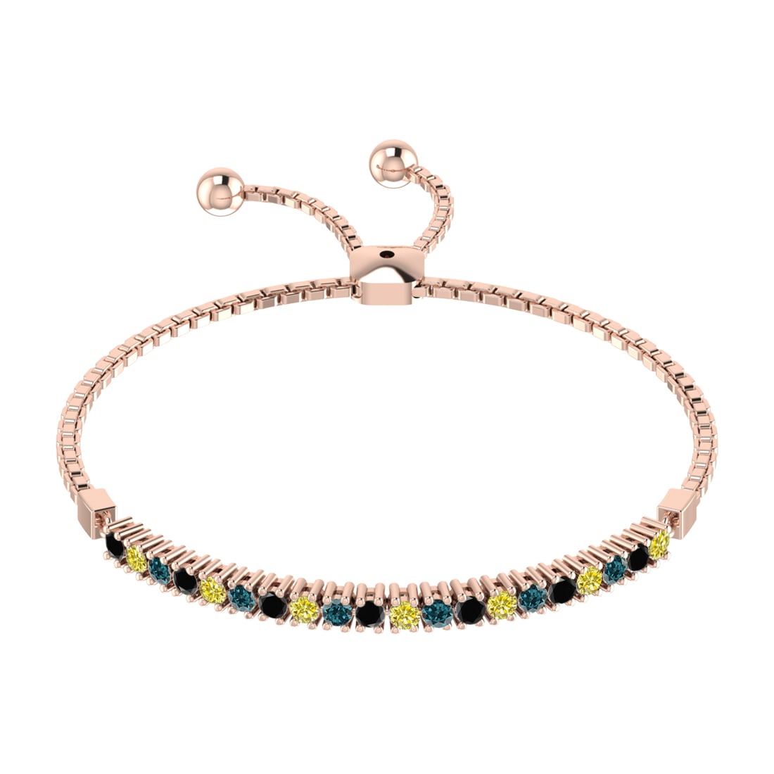 0.64 Ctw I2/I3 Treated Fancy black,Blue,Yellow diamond Prong Set 14k white: Multi Daimond Weight :-0.64 Ctw Color : Treated Fancy black,Blue,Yellow diamond Clarity : I2/I3 Setting : Prong Metal Weight : Approx 6.50 gram 14k White Gold Tennis Slide Bracelet MJ3413-2.0SB #3SS96