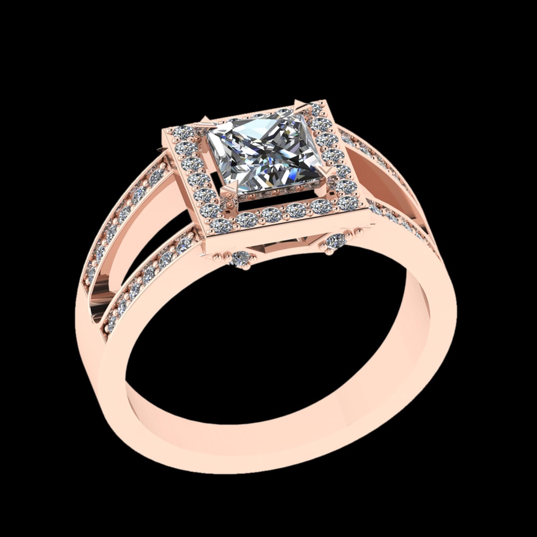 1.30 Ctw VS/SI1 Diamond Prong Set 18k Rose Gold Engagement Ring: Center Daimond Weight :-0.90 Ctw ( Princess Cut) Color : G-H Clarity : VS/SI1 Side Diamond Weight Of Ctw 0.40 Ctw Color : G-H Clarity : VS/SI1 Daimond Setting : Prong Metal Weight : Approx 5.68 gram 1