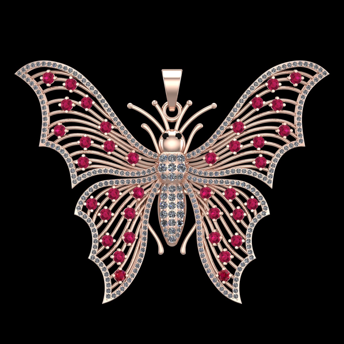 4.54 Ctw VS/SI1 Ruby and Diamond 10k Rose Gold Butterfly Pendant (ALL DIAMO: Eye Stone Weight :- 0.02 ctw Eye Stone Color :- Treated Fancy Black Diamond Color Stone Weight :-2.69 Ctw Stone Color :-Ruby Side Diamond Weight Of Ctw 1.82 Ctw Color : J-K Clarity : VS/SI1 Daimond Se