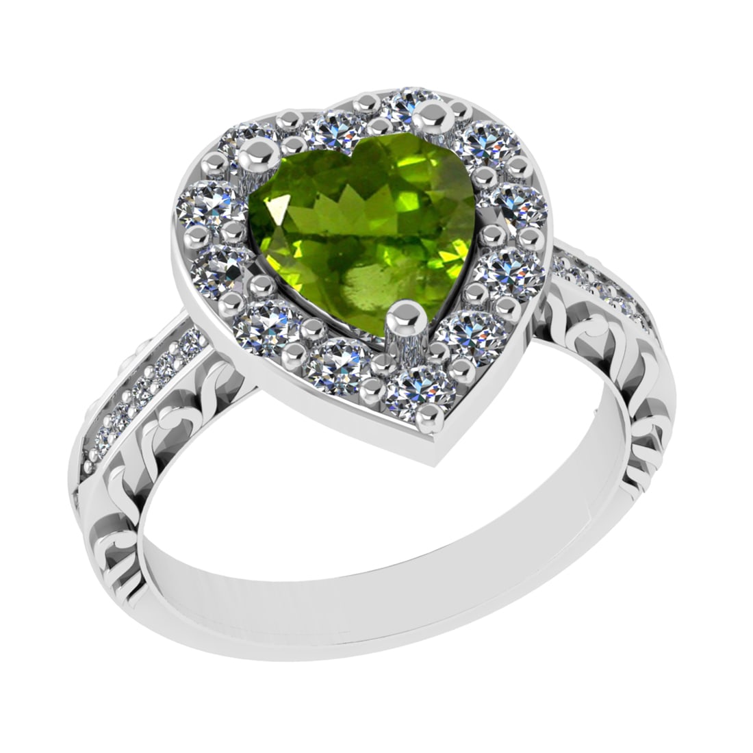 2.52 Ctw VS/SI1 Peridot And Diamond 14K White Gold Engagement Ring( ALL DIA: Center Stone Weight : 1.50 Ctw ( Heart Cut ) Center Stone Color : Peridot Stone Setting : Prong Side Diamond Weight Of Ctw 1.02 Ctw Side Stone Color : J-K Stone Clarity : VS/SI1 Stone Setting : Prong
