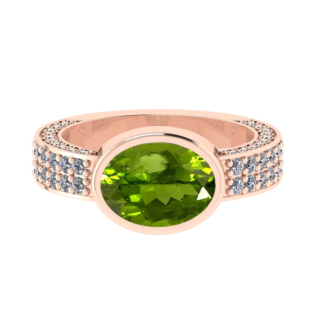 2.96 Ctw VS/SI1 Peridot and Diamond Set 10K Rose Gold Engagement Ring (ALL: Center Stone Weight :-2.00 Ctw ( Oval Cut) Center Stone Color :-Peridot Center Stone Setting : Prong Side Diamond Weight Of Ctw 0.96 Ctw Color : J-K Clarity : VS/SI1 Daimond Setting : Prong Metal Weig
