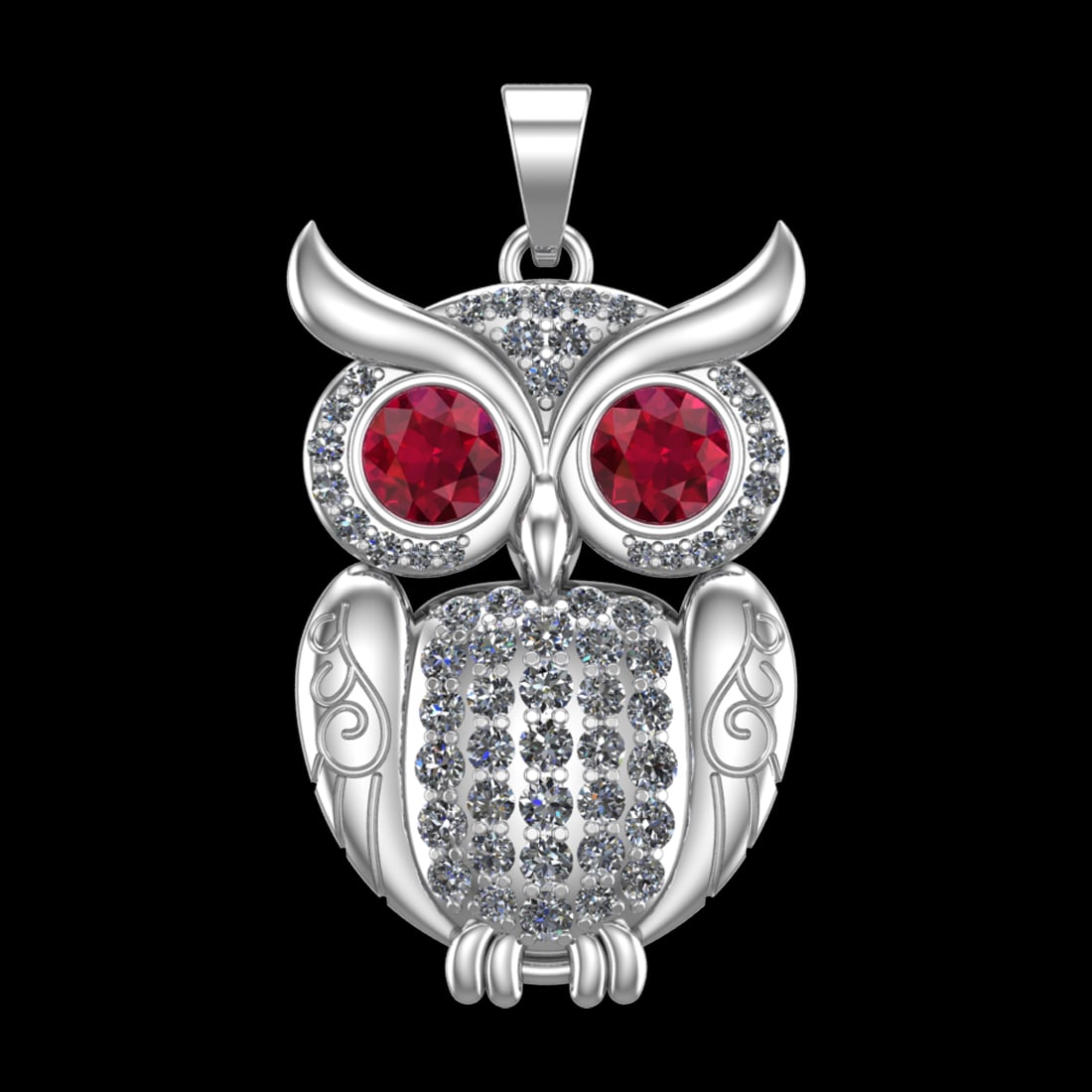 2.10 Ctw VS/SI1 Ruby And Diamond Prong Set 10K White Gold Animal theme Owl: Eye Stone weight :- Ctw :- 1.00 Ctw ( Round cut ) Eye Stone Color :- Ruby Total Diamond Weight Of Ctw :- 1.10 Ctw Color : J-K Clarity : VS/SI1 Setting : Prong Metal Weight : Approx 9.02 gram 10K White