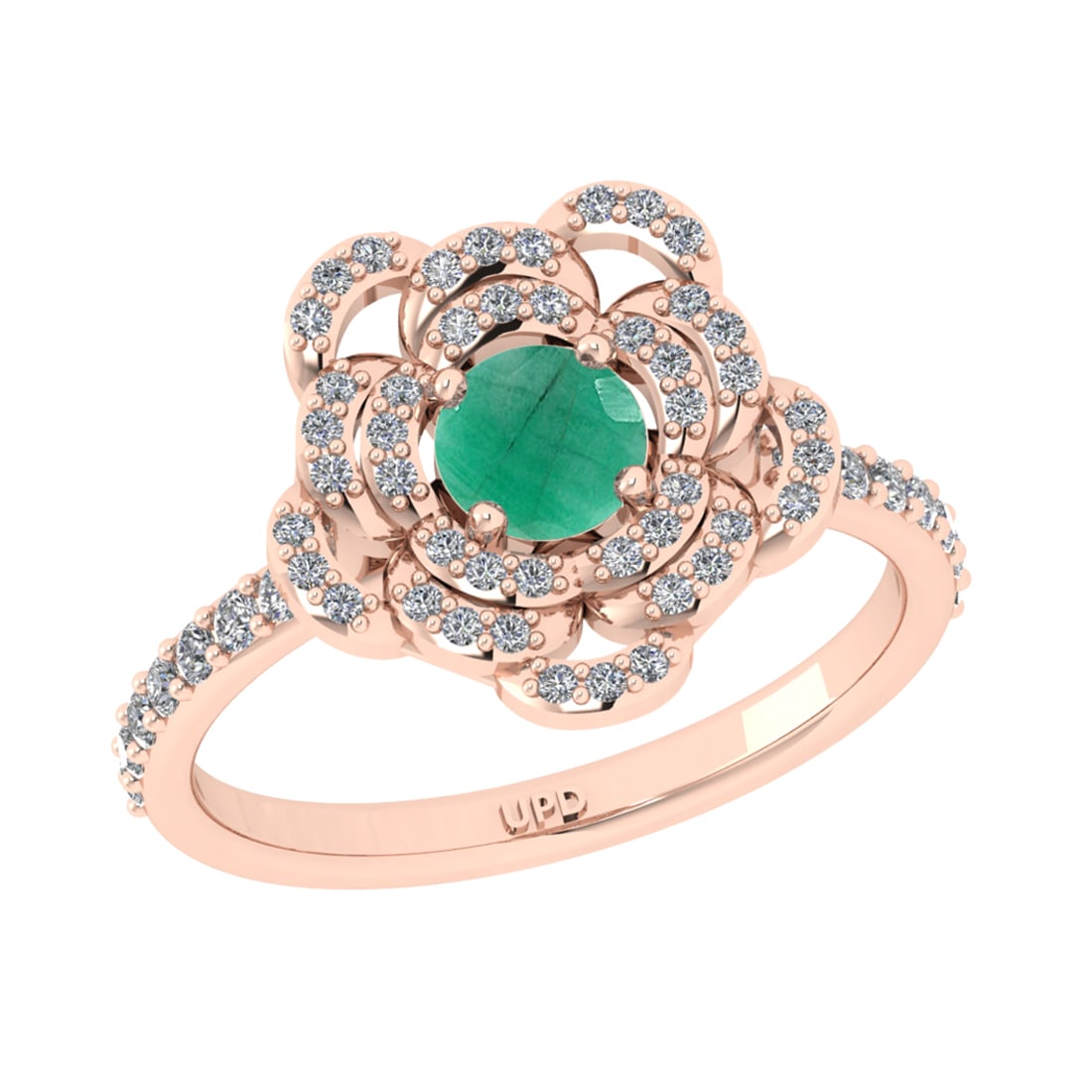 0.92 Ctw VS/SI1 Emerlad and Diamond Prong Set 14K Rose Gold Engagement Ring: Center stone Weight :-: 0.50 Ctw ( Round Cut) Color :- Emerlad Center Stone Setting : Prong Side Diamond Weight Of Ctw 0.42 Ctw Color : J-K Clarity : VS/SI1 Stone Setting : Prong Metal Weight : Approx