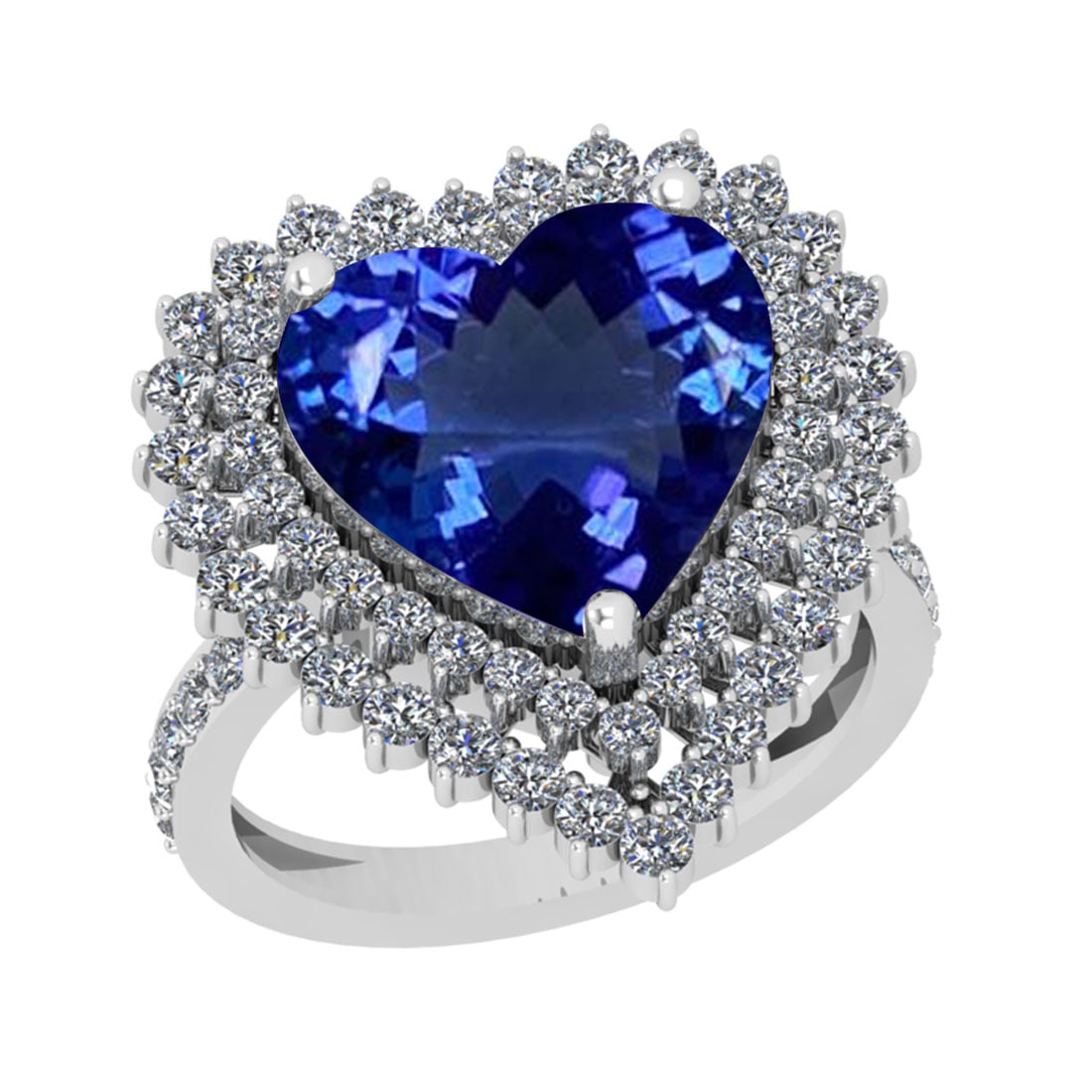 7.08 Ctw VS/SI1 Tanzanite And Diamond 18k White Gold Engagement Halo Ring: Center Stone Weight : 5.73 Ctw ( Heart Cut ) Center Stone Color : Tanzanite Stone Setting : Prong Side Diamond Weight Of Ctw 1.35 Ctw Side Stone Color : J-K Stone Clarity : VS/SI1 Stone Setting : Pron
