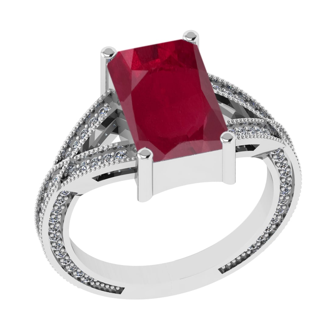 2.95 Ctw VS/SI1 Ruby and Diamond 14k White Gold Engagement Ring (LAB GROWN): Center Stone Weight :- 2.50 Ctw ( Emerald Cut) Color :- Ruby Center Stone Setting : Prong Side Diamond Weight Of Ctw 0.45 Ctw Color : G-H Clarity : VS/SI1 Stone Setting : Prong Metal Weight : Approx 5