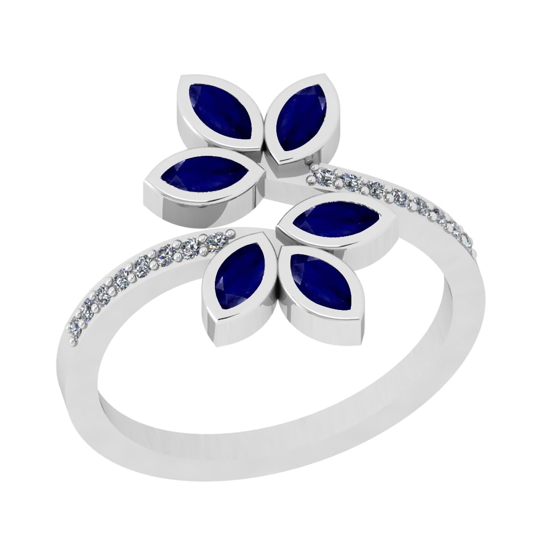 0.72 Ctw VS/SI1 Blue Sapphire And Diamond 14K White Gold Bypass Ring: Center Stone Weight : 0.60 Ctw (Marquise Cut) Center Stone Color : Blue Sapphire Stone Setting : Prong Side Stone Weight Of Ctw 0.12 Ctw Side Stone Color : J-K Stone Clarity : VS/SI1 Stone Setting : P