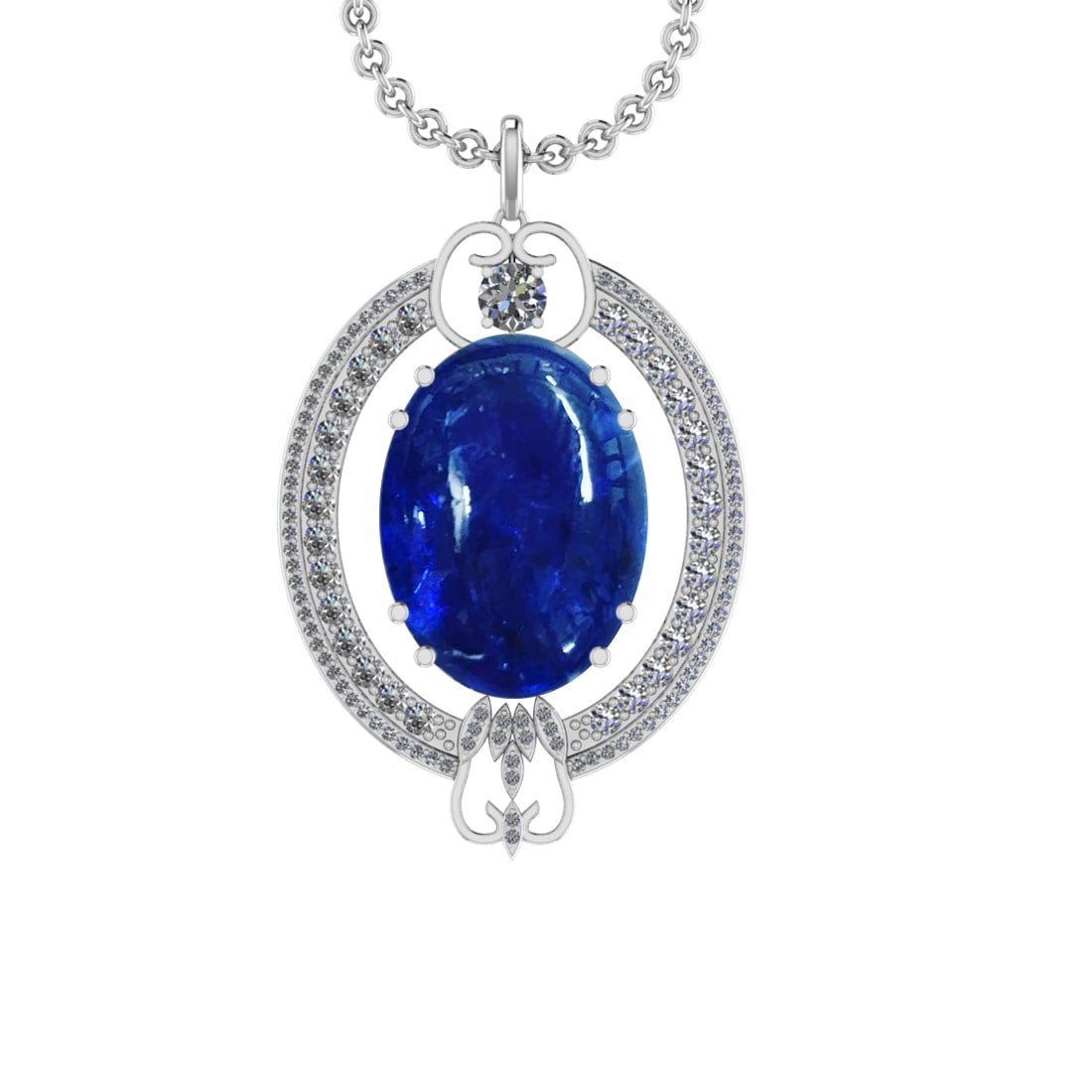 45.78 Ctw VS/SI1 Tanzanite and Diamond 14K White Gold Pendant: Center Stone Weight : 42.84 Ctw ( Oval Cab) Center Stone Color :-Tanzanite Setting : Prong Side Weight Of Ctw 2.94 Ctw Color : J-K Clarity :VS/SI1 Stone Setting : Prong Metal Weight : Approx 14.90 gra