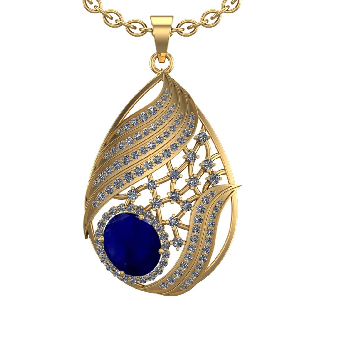 6.68 Ctw VS/SI1 Blue Sapphire and Diamond 14k Yellow Gold Pendant (ALL DIAM: Center Stone Weight :-4.80 Ctw ( Oval cut) Center Stone Color :-Blue Sapphire Setting : Prong Side Diamond Weight Of Ctw 1.88 Ctw Color : J-K Clarity : VS/SI1 Stone Setting : Prong Metal Weight : Appr