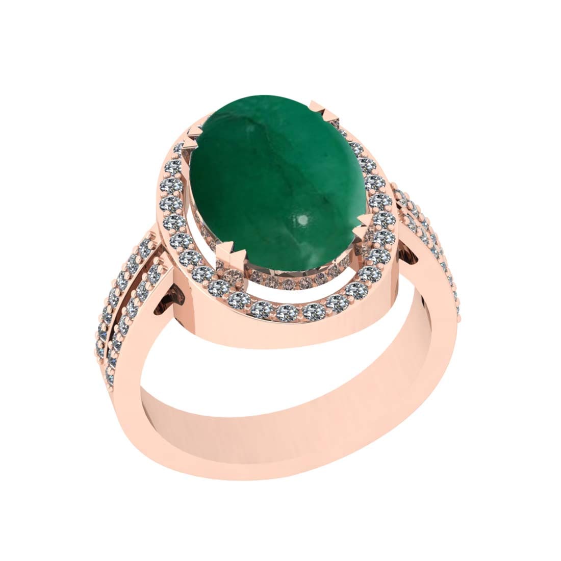 5.80 Ctw VS/SI1 Emerald and Diamond Prong Set 14k Rose Gold Engagement Ring: Center Stone Weight :-5.22 Ctw ( Oval Cab ) Center Stone Color :-Emerald Center Stone Setting : Prong Side Diamond Weight Of Ctw :- 0.58 Ctw Color : J-K Clarity : VS/SI1 Daimond Setting : Prong Metal