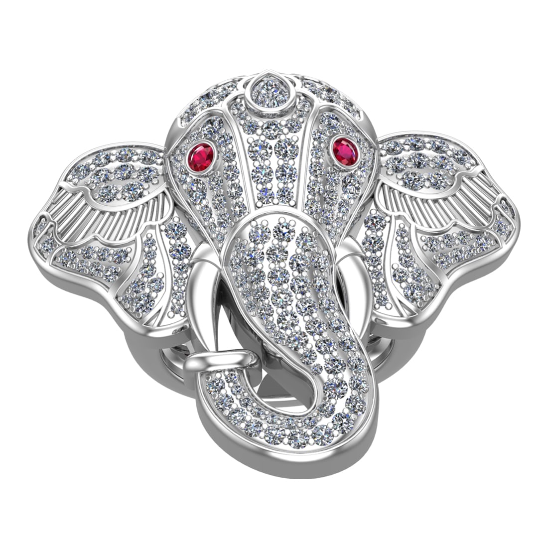 3.09 Ctw VS/SI1 Diamond 14k white Gold Elephant theme Ring (ALL DIAMOND ARE: Eye Stone Weight :- 0.08 Eye Stone Color :- (Ruby) Total Daimond Weight :-3.00 Ctw Color : G-H Clarity : VS/SI1 Setting : Prong Metal Weight : Approx 25.64 gram 14k White Gold Elephant theme Ring Curr