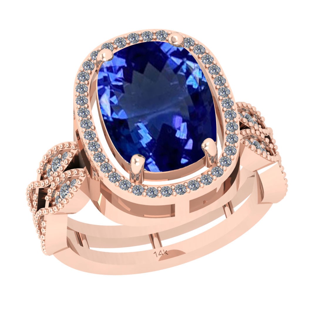 5.03 Ctw VS/SI1 Tanzanite And Diamond 18k Rose Gold Cocktail Ring: Center Stone Weight : 4.72 Ctw (Cushion Cut ) Center Stone Color : Tanzanite Stone Setting : Prong Side Stone Weight Of Ctw 0.31 Ctw Side Stone Color : J-K Stone Clarity : VS/SI1 Stone Setting : Prong