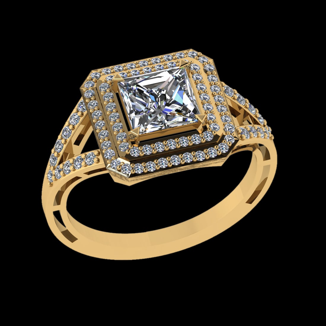 1.64 Ctw VS/SI1 Diamond 14 K Yellow Gold Engagement Ring (ALL DIAMOND ARE L: Center Diamond Weight : 1.10 Ctw (Princess Cut) Center Diamond Color :-G-H Center Stone Setting : Prong Clarity : VS/SI1 Total Weight Of Ctw 0.54 Ctw Color : G-H Clarity : VS/SI1 Stone Setting : Prong