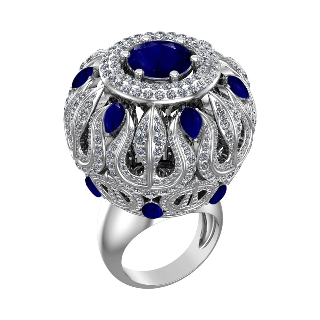 17.72 Ctw VS/SI1 Blue Sapphire and Diamond 14k white Gold Engagement Ring(A: Center Stone Weight :-9.84 Ctw ( Round & Pear Cut) Center Stone Color :-Blue Sapphire Center Stone Setting : Prong Side Diamond Weight Of Ctw :- 7.88 Ctw Color : J-K Clarity : VS/SI1 Daimond Setting :