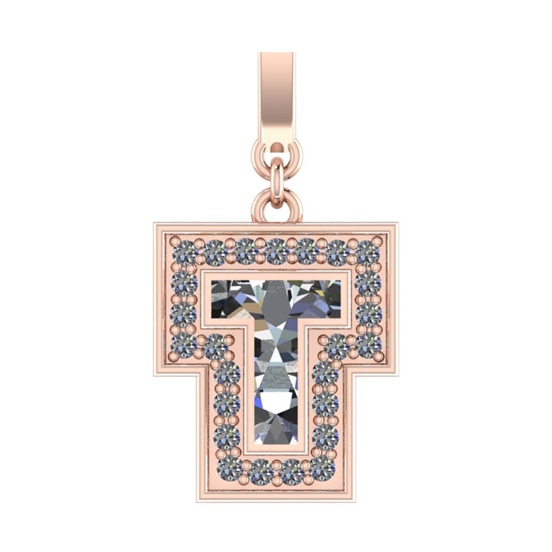 1.05 Ctw SI2/SI1 Diamond Prong Set 14k Rose Gold Alphabet-T Pendant (ALL DI: Center Daimond Weight :-0.85 Ctw Color : White Side Diamond Weight Of Ctw 0.20 Ctw Color : G-H Clarity : SI2/SI1 Daimond Setting : Prong Metal Weight : Approx 3.86 gram 14k Rose Gold Alphabet-T Pendan