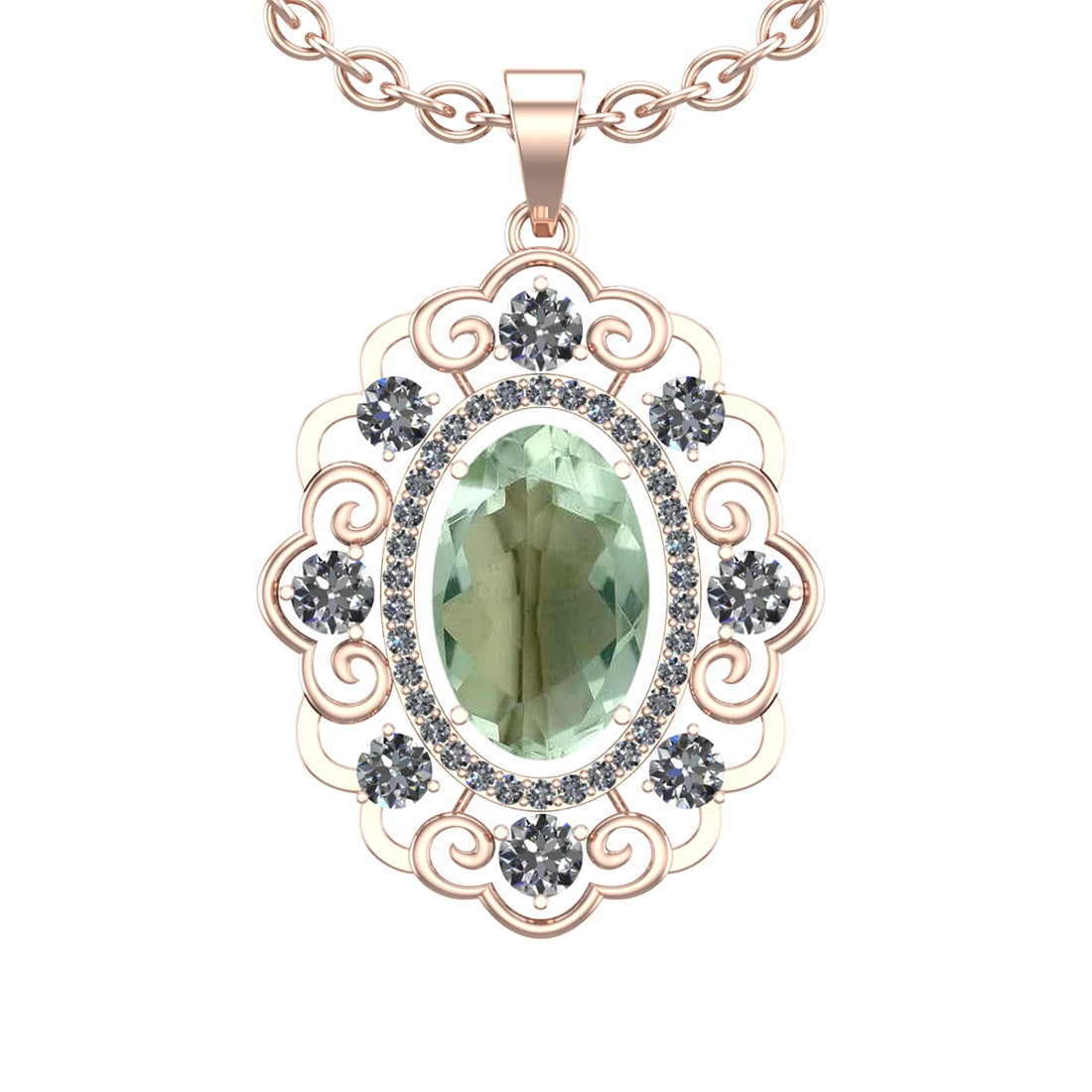 20.23 Ctw VS/SI1 Green Amethyst And Diamond 14K Rose Gold Necklace (ALL DIA: Center Stone Weight : 16.18 Ctw ( Oval Cut ) Center Stone Color : Green Amethyst Stone Setting : Prong Side Diamond Weight Of Ctw 4.05 Ctw Side Stone Color : J-K Stone Clarity : VS/SI1 Stone Setting :