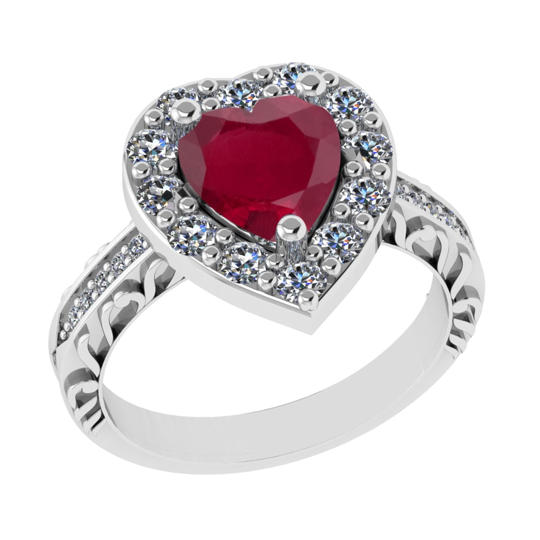 2.52 Ctw VS/SI1 Ruby And Diamond 14k White Gold Engagement Ring (ALL DIAMON: Center Stone Weight : 1.50 Ctw ( Heart Cut ) Center Stone Color : Ruby Stone Setting : Prong Side Diamond Weight Of Ctw 1.02 Ctw Side Stone Color : G-H Stone Clarity : VS/SI1 Stone Setting : Prong Met