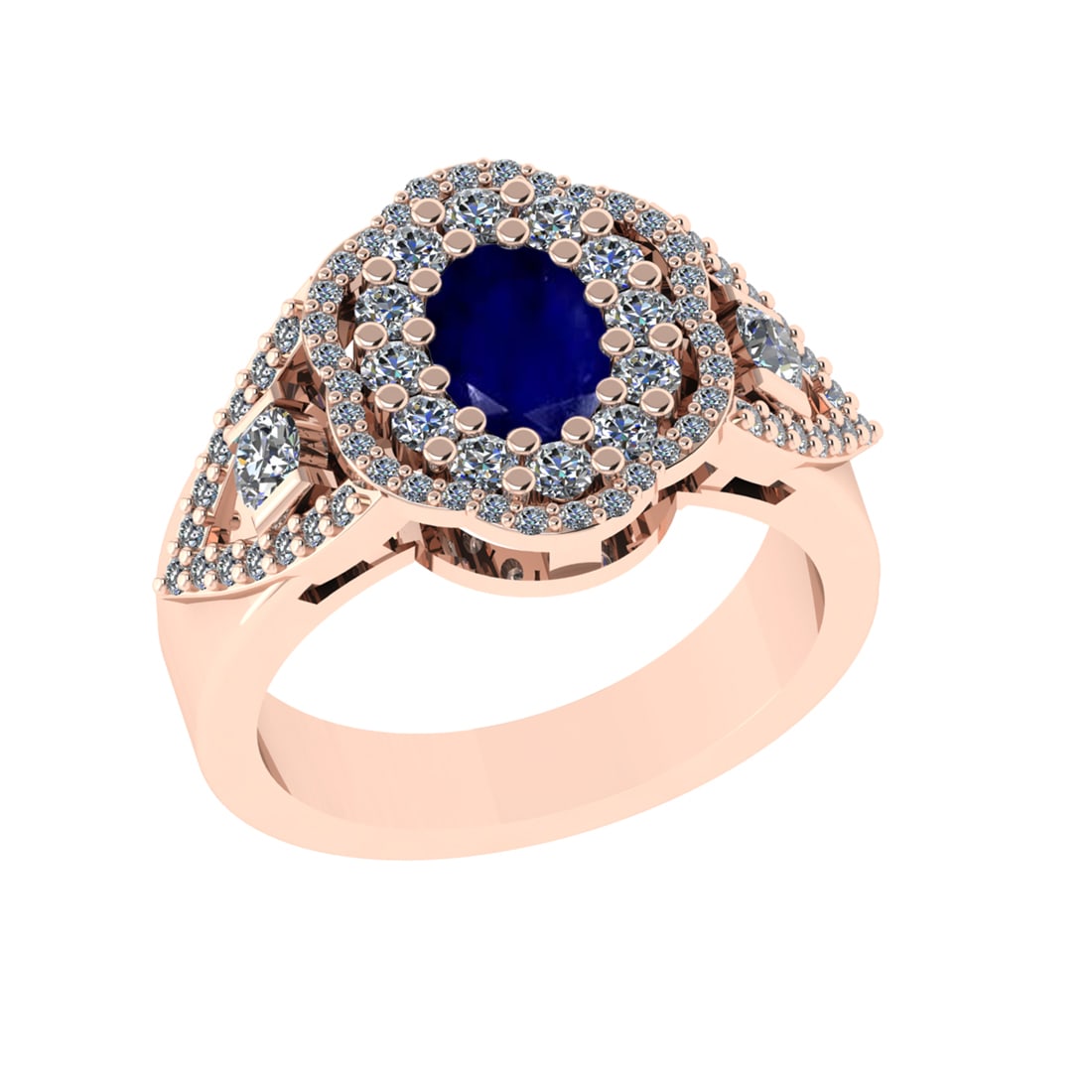 1.73 Ctw VS/SI1 Blue Sapphire and Diamond14K Rose Gold Engagement Ring: Center Stone Weight : 0.75 Ctw (Oval Cut) Center Stone Color :-Blue Sapphire Center Stone Setting : Prong Side Diamond Weight Of Ctw 0.98 Ctw Color : J-K Clarity : VS/SI1 Stone Setting : Prong Metal W