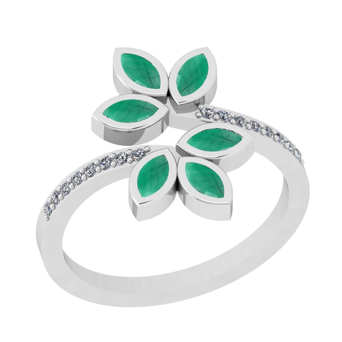 0.72 Ctw VS/SI1 Emerald And Diamond 14K White Gold Bypass Ring: Center Stone Weight : 0.60 Ctw (Marquise Cut) Center Stone Color : Emerald Stone Setting : Prong Side Stone Weight Of Ctw 0.12 Ctw Side Stone Color : J-K Stone Clarity : VS/SI1 Stone Setting : Prong M