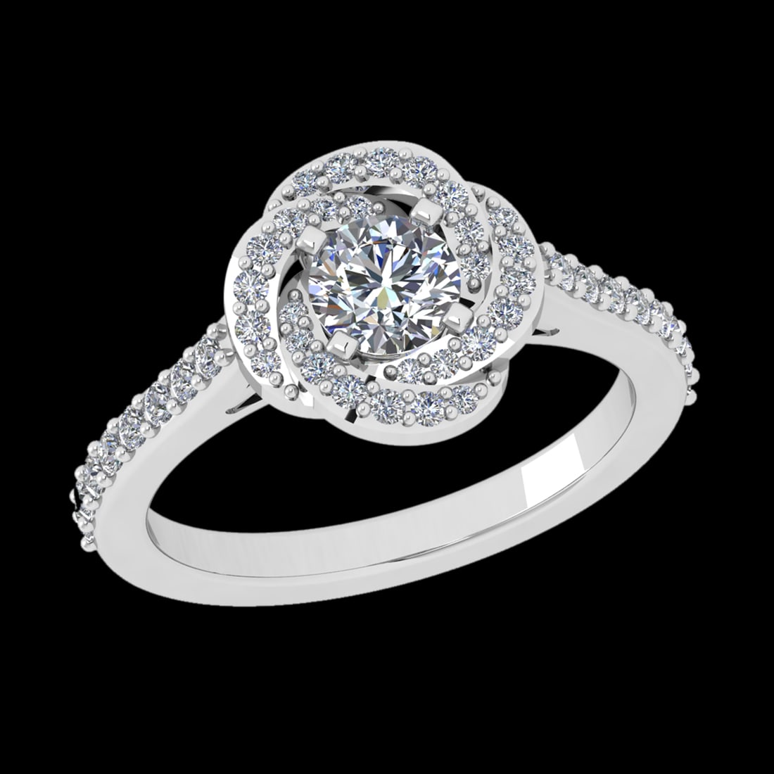 0.92 Ctw VS/SI1 Diamond Prong Set 18K white Gold Engagement Halo Ring: Center Daimond Weight :-0.50 Ctw ( Round Cut) Color : G-H Clarity : VS/SI1 Side Diamond Weight Of Ctw 0.42 Ctw Color : G-H Clarity : VS/SI1 Daimond Setting : Prong Metal Weight : Approx 4.22 gram 18K