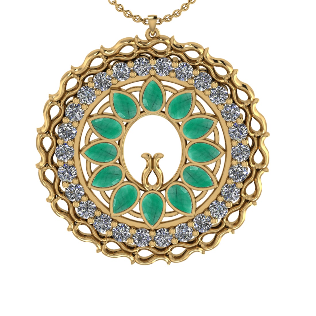 5.86 Ctw VS/SI1 Emerald and Diamond 14k Yellow Gold Pandant (ALL DIAMOND AR: Center Stone Weight :-3.00 Ctw ( Pear Cut) Center Stone Color :-Emerald Center Stone Setting : Prong Side Diamond Weight Of Ctw :- 2.86 Ctw Color : J-K Clarity : VS/SI1 Daimond Setting : Prong Metal W