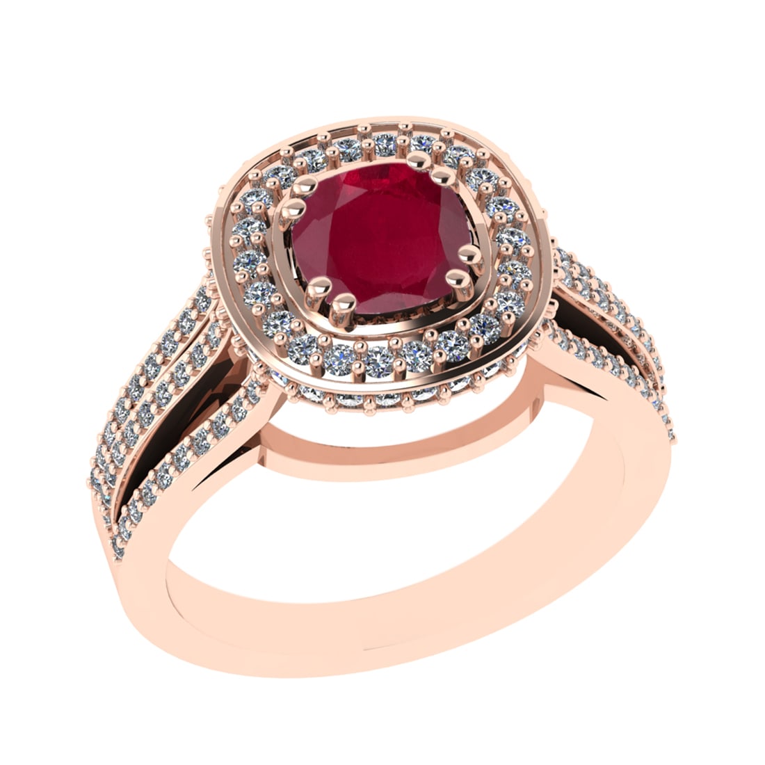 1.81 Ctw VS/SI1 Ruby and Diamond 14k Rose Gold Engagement Halo Ring (LAB GR: Center Stone Weight :- 1.00 Ctw ( Cushion Cut) Color :- Ruby Center Stone Setting : Prong Side Diamond Weight Of Ctw 0.81 Ctw Color : G-H Clarity : VS/SI1 Stone Setting : Prong Metal Weight : Approx 4