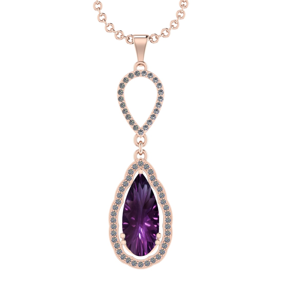 13.84 Ctw VS/SI1 Amethyst and Diamond Prong Set 14k Rose Gold Pendant (ALL: Center Stone Weight : 13.36 Ctw ( Pear Cut) Center Stone Color :-Amethyst Setting : Prong Side Weight Of Ctw 0.48 Ctw Color : J-K Clarity : VS/SI1 Stone Setting : Prong Metal Weight : Approx 5.80 gram