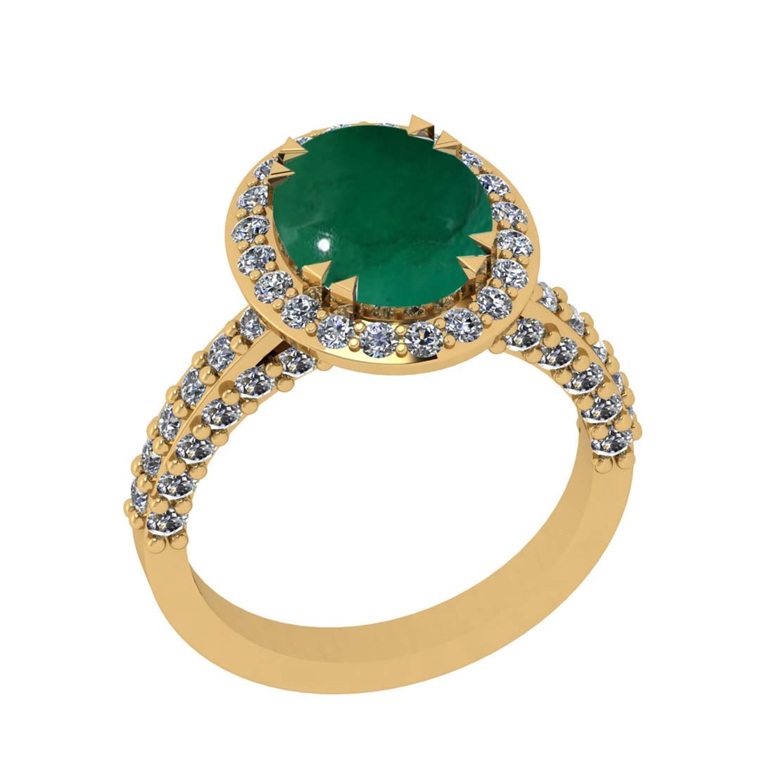 5.43 Ctw VS/SI1 Emerald and Diamond Prong Set 14k Yellow Gold Engagement Ri: Center Stone Weight :-3.93 Ctw ( Oval Cab ) Center Stone Color :-Emerald Center Stone Setting : Prong Side Diamond Weight Of Ctw :- 1.50 Ctw Color : J-K Clarity : VS/SI1 Daimond Setting : Prong Metal