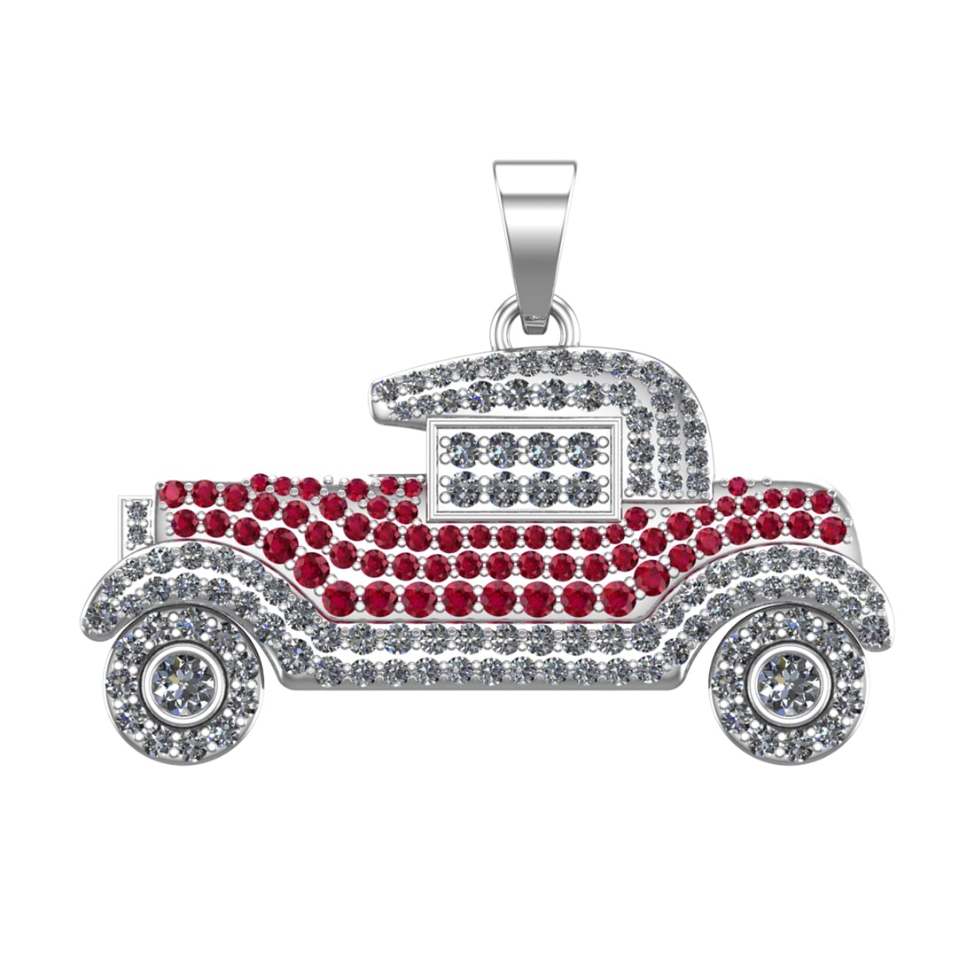 2.64 Ctw SI2/SI1 Diamond Prong Set 14k white Gold Vintage car Theme Pendant: Color Stone Weight :- 1.10 ctw stone color :-Ruby setting :- Prong Total Daimond Weight :-1.54 Ctw Color : G-H Clarity : SI2/SI1 Setting : Prong Metal Weight : Approx 15.40 Gram 14k White Gold Vintage