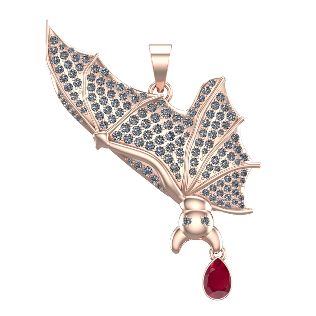 2.05 Ctw VS/SI1 Rubyand Diamond Prong Set 14k Rose Gold Bat Theme Pendant (: Center Stone Weight :-0.50 Ctw ( Pear Cut ) Center Stone Color :-Ruby Center Stone Setting : Prong Side Diamond Weight Of Ctw :- 1.55 Ctw Color : J-K Clarity : VS/SI1 Daimond Setting : Prong Metal Wei