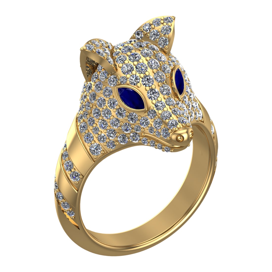 2.31 Ctw VS/SI1 Blue Sapphire and Diamond 14k Yellow Gold Animal theme Ring: Center Stone Weight :-0.20 Ctw ( MarquiseCut) Center Stone Color :-Blue Sapphire Center Stone Setting : Prong Side Diamond Weight Of Ctw :- 2.11 Ctw Color : J-K Clarity : VS/SI1 Daimond Setting : Pron