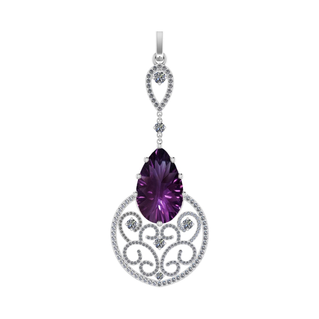 99.08 Ctw SI2/SI1 Amethyst and Diamond Prong Set 14k white Gold Pendant (AL: Center Stone Weight :-91.11 Ctw ( Pear Cut) Center Stone Color :-Amethyst Center Stone Setting : Prong Side Diamond Weight Of Ctw 7.97 Ctw Color : F-G Clarity : SI2/SI1 Stone Setting : Prong Metal Wei