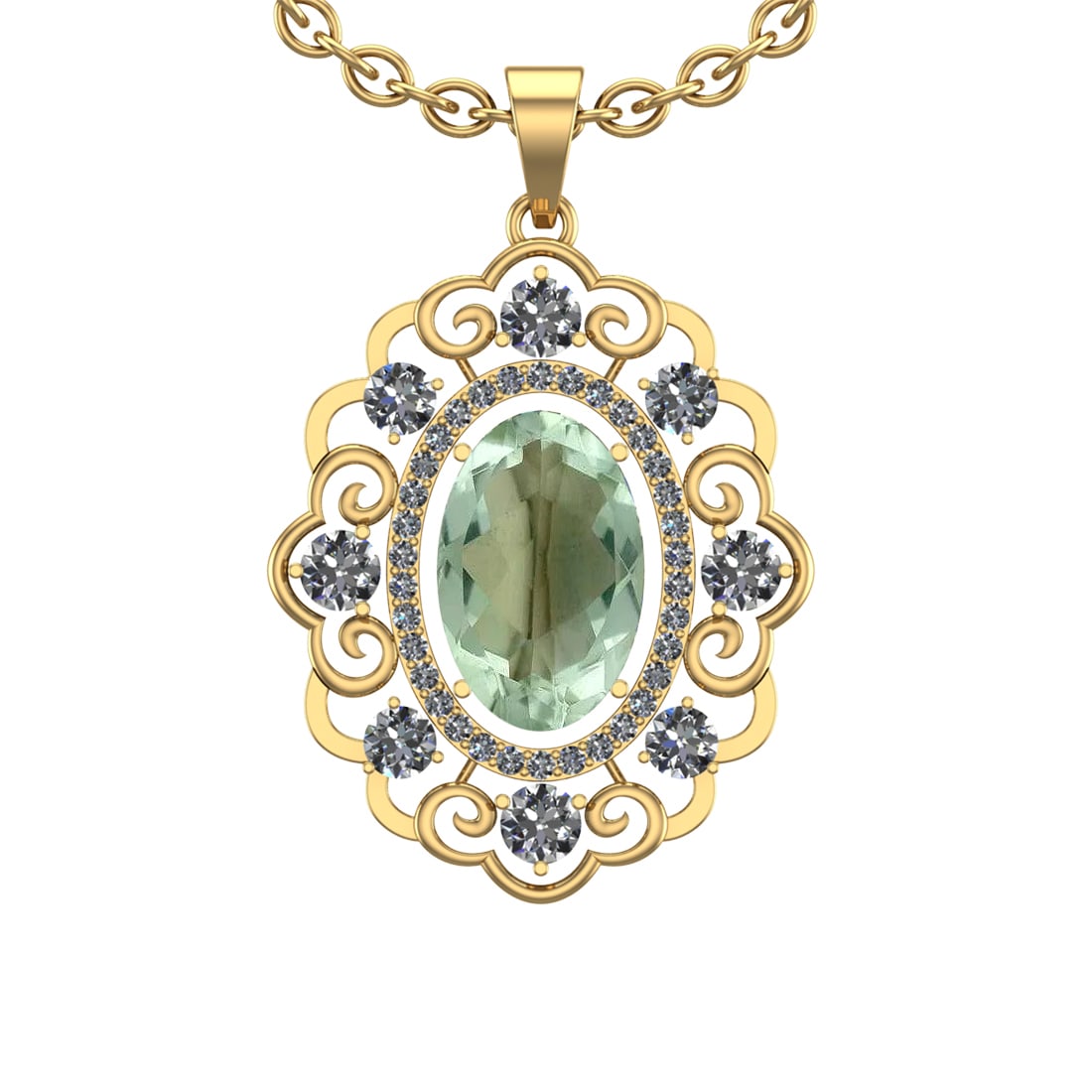 20.23 Ctw I2/I3 Green Amethyst And Diamond 10K Yellow Gold Necklace(ALL DIA: Center Stone Weight : 16.18 Ctw ( Oval Cut ) Center Stone Color : Green Amethyst Stone Setting : Prong Side Diamond Weight Of Ctw 4.05 Ctw Side Stone Color : J-K Stone Clarity : I2/I3 Stone Setting :
