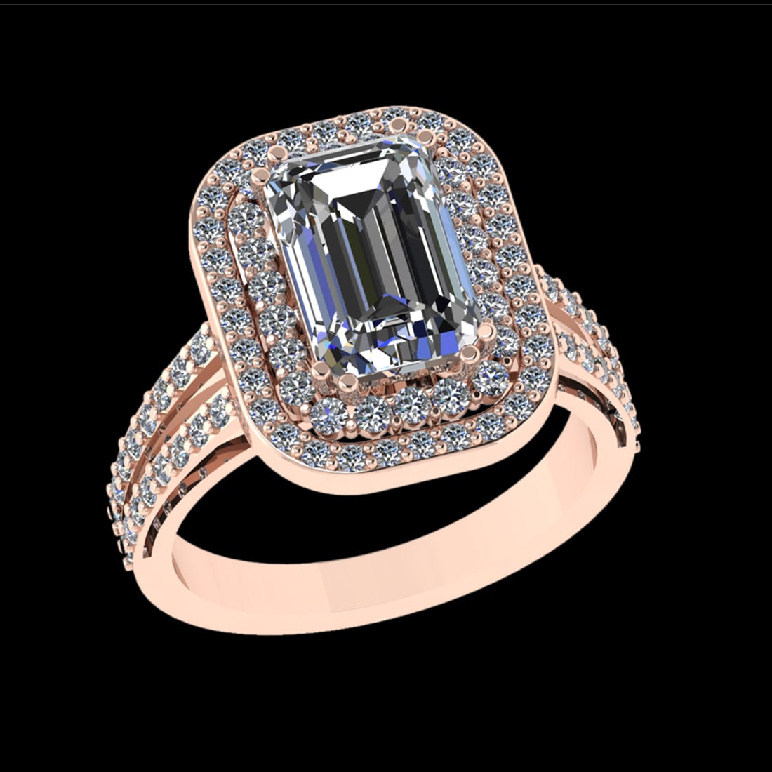 2.91 Ctw VS/SI1 Diamond Style 14 K Rose Gold Engagement Ring (ALL DIAMOND A: Center Diamond Weight : 2.00 Ctw ( Emerald Cut ) Center Diamond Color :- G-H Center Clarity : VS/SI1 Stone Setting : Prong Side Diamond Weight Of Ctw 0.91 Ctw Side Stone Color : G-H Stone Clarity : VS