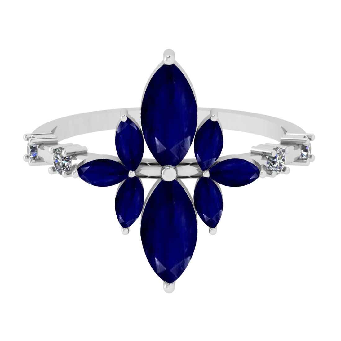 1.75 Ctw VS/SI1 Blue Sapphire And Diamond 14K White Gold Cocktail Ring: Center Stone Weight : 1.60 Ctw (Marquise Cut) Center Stone Color : Blue Sapphire Stone Setting : Prong Side Stone Weight Of Ctw 0.15 Ctw Side Stone Color : J-K Stone Clarity : VS/SI1 Stone Setting : P