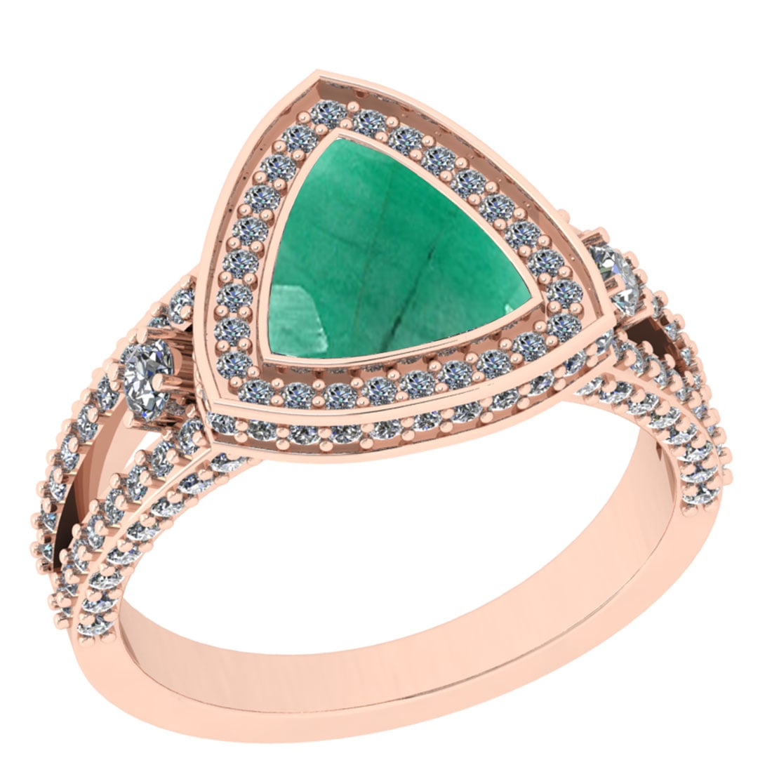2.99 Ctw VS/SI1 Emerald And Diamond 14K Rose Gold Cocktail Ring: Center Stone Weight : 2.00 Ctw (Trillion Cut) Center Stone Color : Emerald Stone Setting : Prong Side Stone Weight Of Ctw 0.99 Ctw Side Stone Color : J-K Stone Clarity : VS/SI1 Stone Setting : Prong M