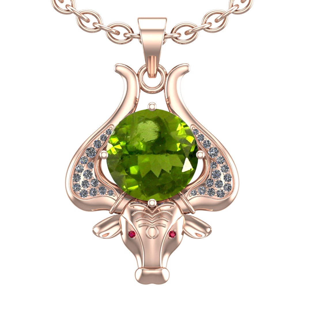 2.89 Ctw VS/SI1 Peridot and Diamond Set 10K Rose Gold Creature Theme Pendan: Eye Stone Weight :- 0.05 ctw Eye Stone Color :- ( Ruby) Center Stone Weight :-2.50 Ctw ( Round Cut) Center Stone Color :-Peridot Center Stone Setting : Prong Side Diamond Weight Of Ctw 0.34 Ctw Color