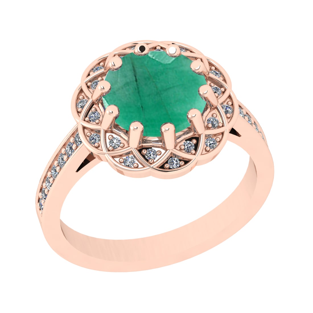 2.68 Ctw VS/SI1 Emeraldand Diamond Prong Set 14k Rose Gold Engagement Ring: Center Stone Weight :-2.43 Ctw ( Round Cut ) Center Stone Color :-Emerald Center Stone Setting : Prong Side Diamond Weight Of Ctw :- 0.25 Ctw Color : J-K Clarity : VS/SI1 Daimond Setting : Prong Metal