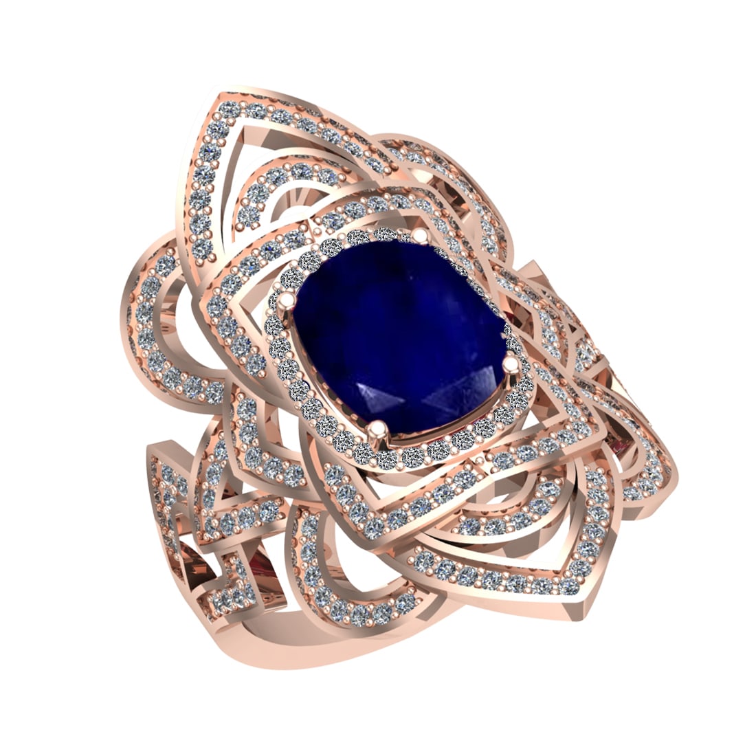 3.40 Ctw VS/SI1 Blue Sapphire and Diamond 14k Rose Gold Engagement Halo Rin: Center Stone Weight :- 2.50 Ctw ( Cushion Cut) Color :- Blue Sapphire Center Stone Setting : Prong Side Diamond Weight Of Ctw 0.90 Ctw Color : G-H Clarity : VS/SI1 Stone Setting : Prong Metal Weight :