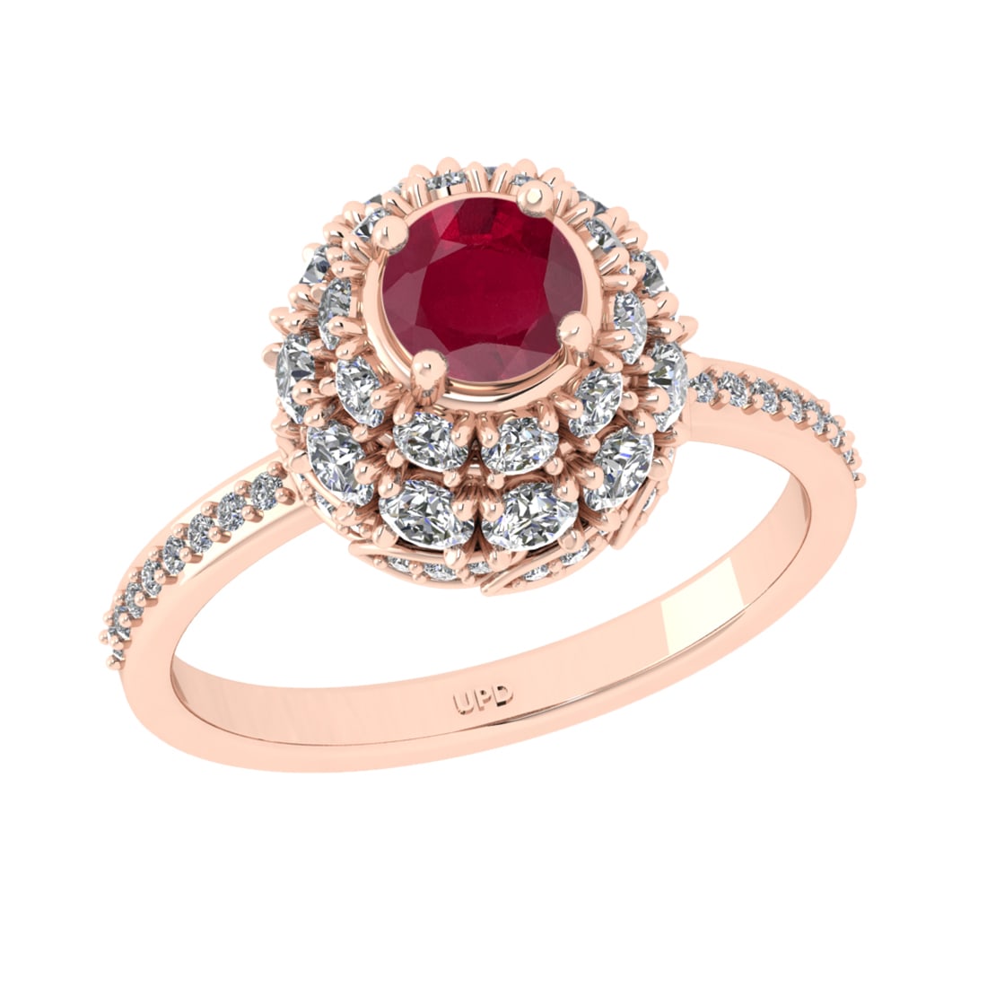 2.00 Ctw VS/SI1 Ruby and Diamond Prong Set 14K Rose Gold Engagement Ring: Center stone Weight :-: 0.90 Ctw ( Round Cut) Color :- Ruby Center Stone Setting : Prong Side Diamond Weight Of Ctw 1.10 Ctw Color : J-K Clarity : VS/SI1 Stone Setting : Prong Metal Weight : Approx 4.
