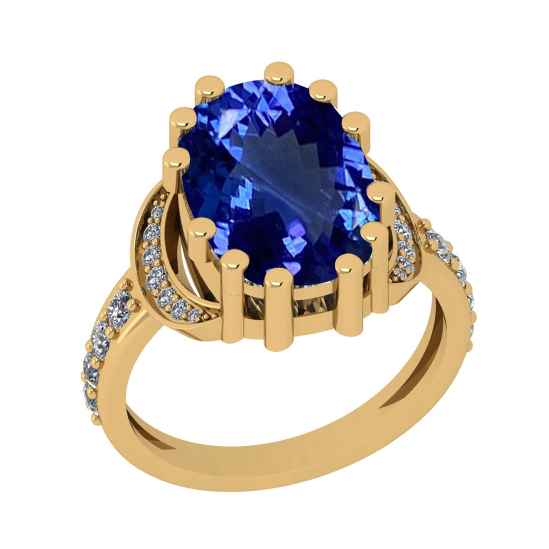 7.00 Ctw VS/SI1 Tanzanite And Diamond 18k Yellow Gold Cocktail Ring: Center Stone Weight : 6.61 Ctw (Cushion Cut ) Center Stone Color : Tanzanite Stone Setting : Prong Side Stone Weight Of Ctw 0.39 Ctw Side Stone Color : J-K Stone Clarity : VS/SI1 Stone Setting :