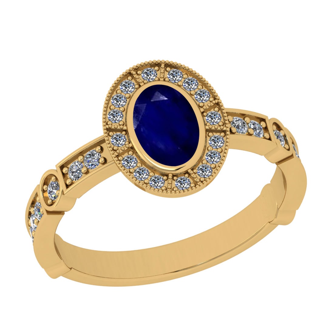 1.07 Ctw VS/SI1 Blue Sapphire And Diamond 14K Yellow Gold Wedding Ring: Center Stone Weight : 0.75 Ctw (Oval Cut) Center Stone Color : Blue Sapphire Stone Setting : Prong Side Stone Weight Of Ctw 0.32 Ctw Side Stone Color : J-K Stone Clarity : VS/SI1 Stone Setting : Prong