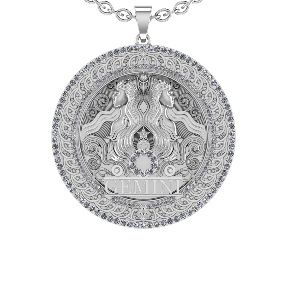2.43 Ctw VS/SI1 Diamond 14K White Gold Zodiac sign theme Necklace (ALL DIAM: Total Diamond Weight : 2.43 Ctw (Round cut) Center Diamond Color :- J-K Center Clarity : VS/SI1 Stone Setting : Prong Metal Weight : Approx 58.40 Gram 14K White Gold Zodiac sign theme Necklace (ALL DI