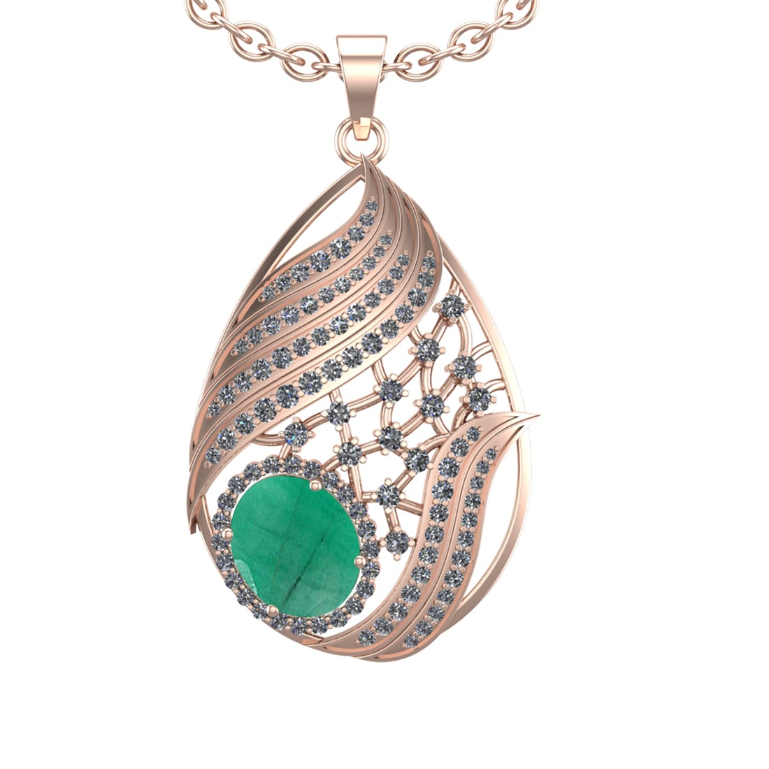 6.68 Ctw VS/SI1 Emerald and Diamond 14k Rose Gold Pendant (ALL DIAMOND ARE: Center Stone Weight :-4.80 Ctw ( Oval cut) Center Stone Color :-Emerald Setting : Prong Side Diamond Weight Of Ctw 1.88 Ctw Color : J-K Clarity : VS/SI1 Stone Setting : Prong Metal Weight : Approx 12.