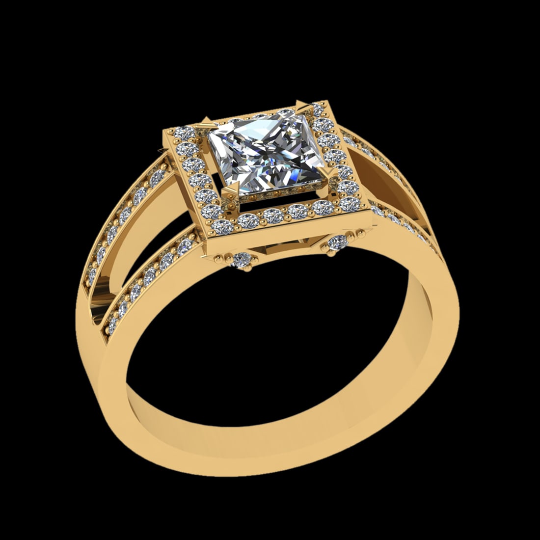 1.30 Ctw VS/SI1 Diamond Prong Set 18k Yellow Gold Engagement Ring: Center Daimond Weight :-0.90 Ctw ( Princess Cut) Color : G-H Clarity : VS/SI1 Side Diamond Weight Of Ctw 0.40 Ctw Color : G-H Clarity : VS/SI1 Daimond Setting : Prong Metal Weight : Approx 5.68 gram