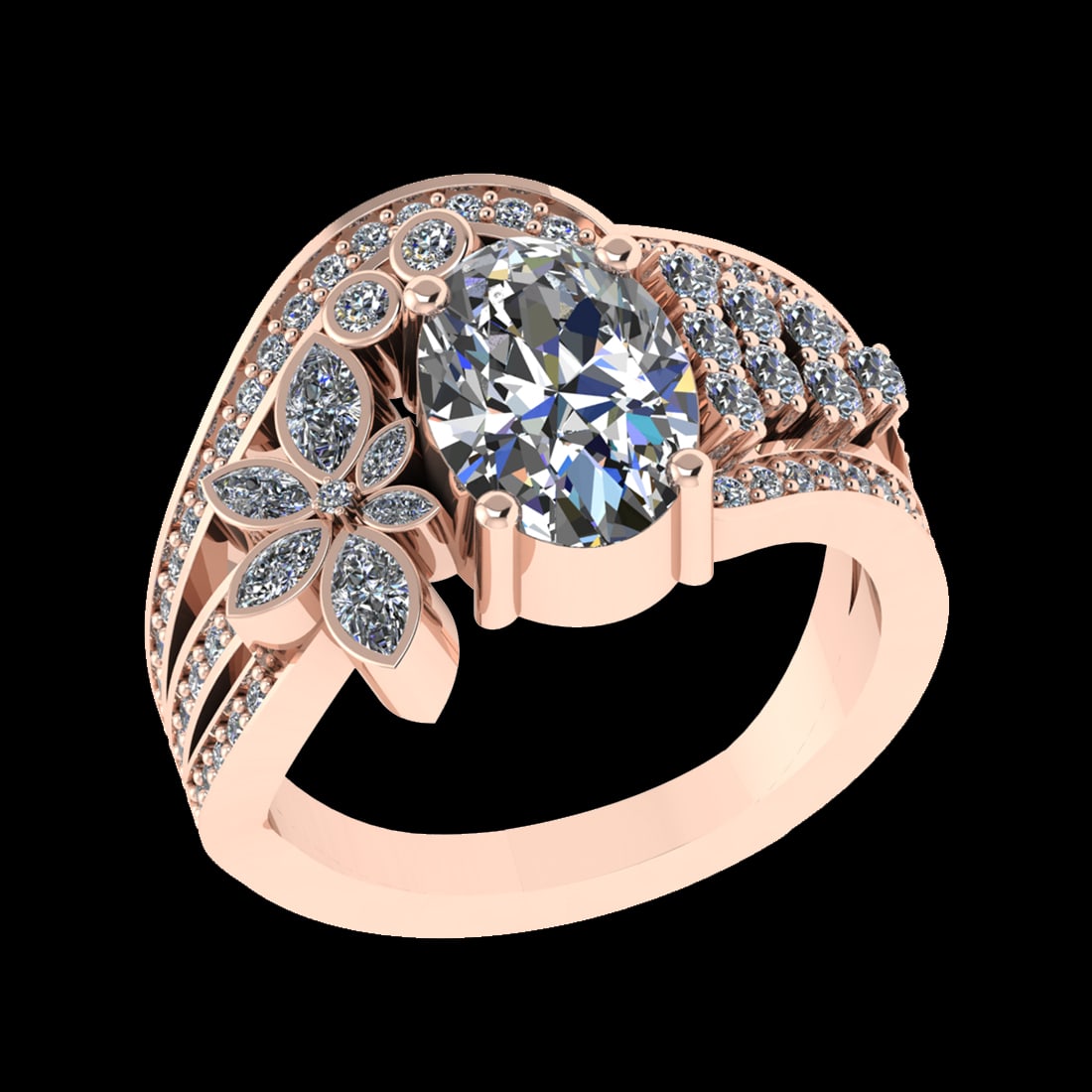 3.48 Ctw VS/SI1 Diamond Prong Set 18k Rose Gold Engagement Ring (ALL DIAMON: Center Daimond Weight :-2.50 Ctw ( Oval Cut) Color : G-H Clarity : VS/SI1 Side Diamond Weight Of Ctw 0.98 Ctw Color : G-H Clarity : VS/SI1 Daimond Setting : Prong Metal Weight : Approx 8.21 gram 18k R